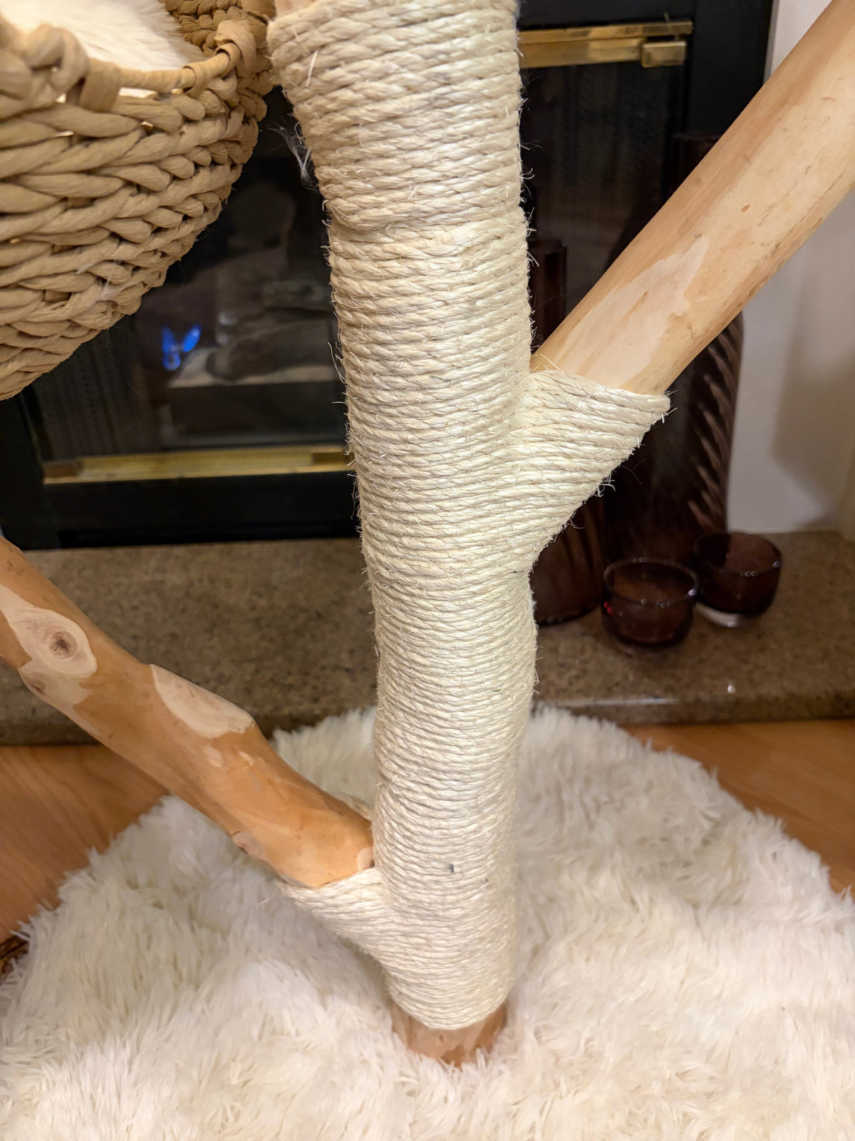 Cat scratching sisal-wrapped post on natural wood cat tree