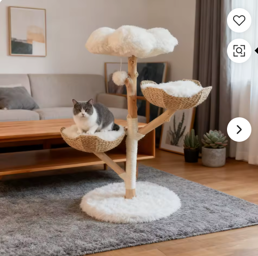Natural Wood Cat Tree with Rattan Nests & Sisal Scratching Post