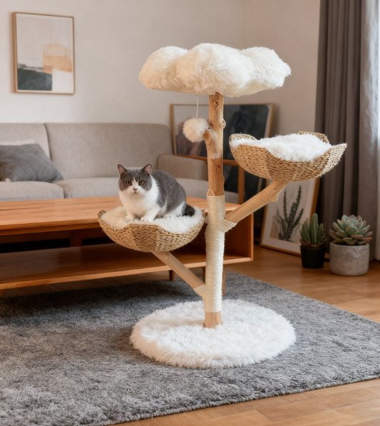 Natural wood cat tree with rattan nests and sisal scratching post