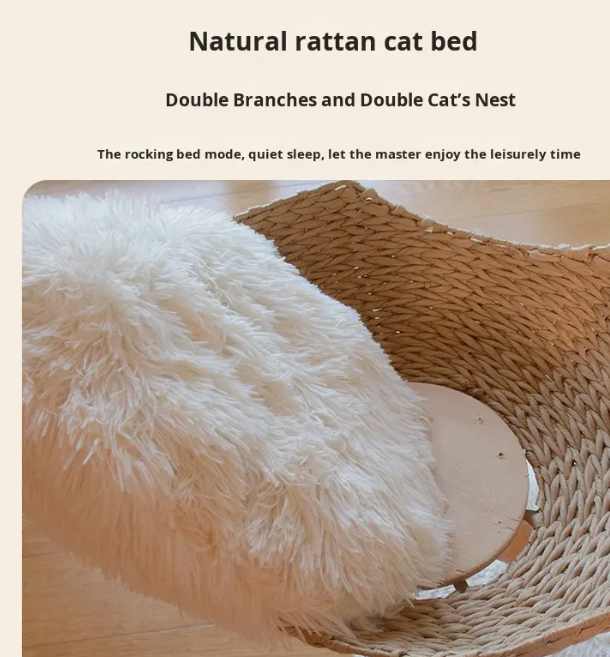 Natural wood cat tree base and stability details
